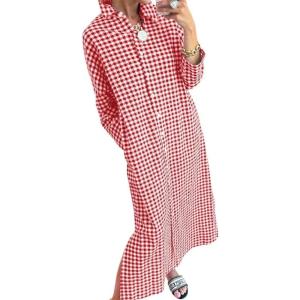 image:imagechouyatou Womens Casual Loose Button Down Plaid Shirt Dress Long Sleeve Side Slit Cotton Gingham Maxi DressRed