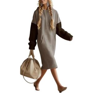 image:imagechouyatou Womens Color Block Pullover Sweatshirt Hoodie Dress Fuzzy Sherpa Long Sleeve Midi Long Dress with PocketKhaki