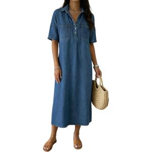 image:imagechouyatou Womens Distressed Button Up Denim Polo Shirt Dress Short Sleeve Casual Loose Pleated Jean Midi Long DressBlue