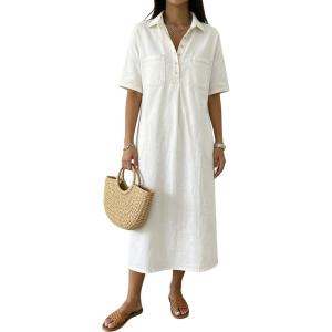 image:imagechouyatou Womens Distressed Button Up Denim Polo Shirt Dress Short Sleeve Casual Loose Pleated Jean Midi Long DressWhite