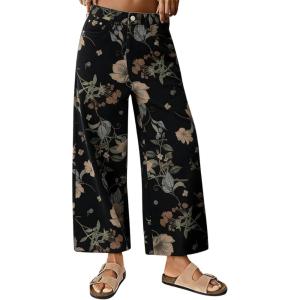 image:imagechouyatou Womens Floral Print Mid Rise Cropped Jeans Wide Leg Baggy Boho Ankle Denim Pants with PocketsBlack
