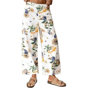 image:imagechouyatou Womens Floral Print Mid Rise Cropped Jeans Wide Leg Baggy Boho Ankle Denim Pants with PocketsWhite