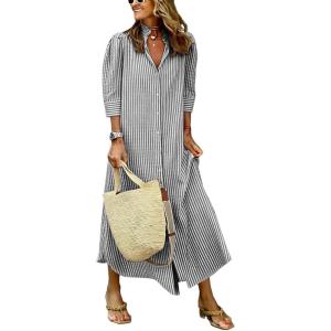 image:imagechouyatou Womens Summer 34 Sleeve Striped Maxi Long Shirt Dress Boho Ruffled Button Down Beach DressBlack