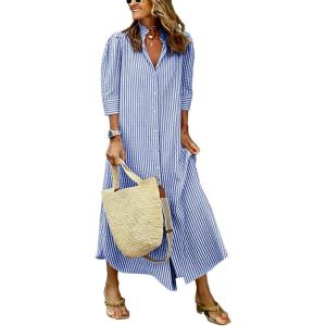 image:imagechouyatou Womens Summer 34 Sleeve Striped Maxi Long Shirt Dress Boho Ruffled Button Down Beach DressBlue
