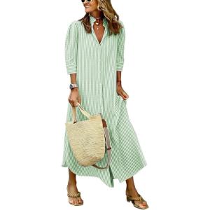 image:imagechouyatou Womens Summer 34 Sleeve Striped Maxi Long Shirt Dress Boho Ruffled Button Down Beach DressGreen