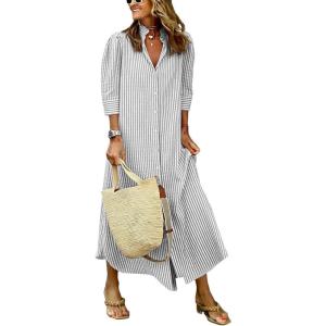 image:imagechouyatou Womens Summer 34 Sleeve Striped Maxi Long Shirt Dress Boho Ruffled Button Down Beach DressGrey