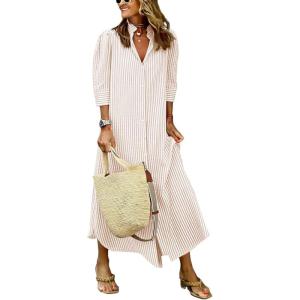 image:imagechouyatou Womens Summer 34 Sleeve Striped Maxi Long Shirt Dress Boho Ruffled Button Down Beach DressKhaki