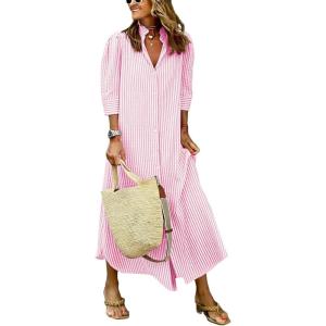 image:imagechouyatou Womens Summer 34 Sleeve Striped Maxi Long Shirt Dress Boho Ruffled Button Down Beach DressPink