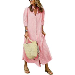 image:imagechouyatou Womens Summer 34 Sleeve Striped Maxi Long Shirt Dress Boho Ruffled Button Down Beach DressRed