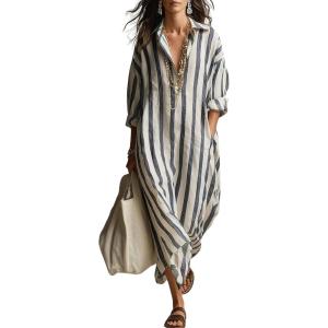 image:imagechouyatou Womens Summer Boho Striped Cotton Dress Long Sleeve Lapel Collar Beach Shirt Dress with PocketsDark Blue