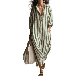 image:imagechouyatou Womens Summer Boho Striped Cotton Dress Long Sleeve Lapel Collar Beach Shirt Dress with PocketsGreen