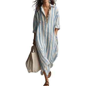 image:imagechouyatou Womens Summer Boho Striped Cotton Dress Long Sleeve Lapel Collar Beach Shirt Dress with PocketsLight Blue