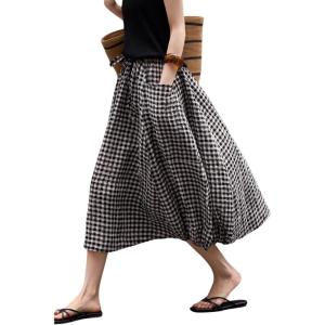 image:imagechouyatou Womens Vintage Plaid A Line Skirt Elastic Waist Baggy Swing Pleated Midi Long Shirt with PocketsBlack