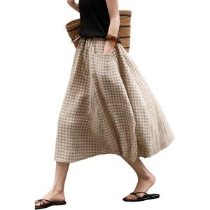 image:imagechouyatou Womens Vintage Plaid A Line Skirt Elastic Waist Baggy Swing Pleated Midi Long Shirt with PocketsKhaki