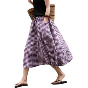 image:imagechouyatou Womens Vintage Plaid A Line Skirt Elastic Waist Baggy Swing Pleated Midi Long Shirt with PocketsPurple