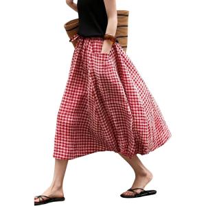 image:imagechouyatou Womens Vintage Plaid A Line Skirt Elastic Waist Baggy Swing Pleated Midi Long Shirt with PocketsRed