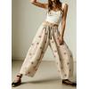 image:imagechouyatou Women Boho Floral Cotton Linen Wide Leg Pants Casual Flowy Spring Summer Palazzo Barrel PantsBeige