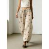 image:imagechouyatou Women Boho Floral Cotton Linen Wide Leg Pants Casual Flowy Spring Summer Palazzo Barrel PantsBeige