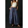 image:imagechouyatou Women Boho Floral Cotton Linen Wide Leg Pants Casual Flowy Spring Summer Palazzo Barrel PantsBlue