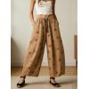 image:imagechouyatou Women Boho Floral Cotton Linen Wide Leg Pants Casual Flowy Spring Summer Palazzo Barrel PantsKhaki