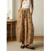 image:imagechouyatou Women Boho Floral Cotton Linen Wide Leg Pants Casual Flowy Spring Summer Palazzo Barrel PantsKhaki