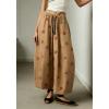 image:imagechouyatou Women Boho Floral Cotton Linen Wide Leg Pants Casual Flowy Spring Summer Palazzo Barrel PantsKhaki