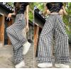 image:imagechouyatou Women Summer Ruffle Hem Gingham Pants Boho Spring Casual Plaid Wide Leg Cotton Linen Pants PalazzoBlack