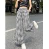 image:imagechouyatou Women Summer Ruffle Hem Gingham Pants Boho Spring Casual Plaid Wide Leg Cotton Linen Pants PalazzoBlack