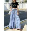 image:imagechouyatou Women Summer Ruffle Hem Gingham Pants Boho Spring Casual Plaid Wide Leg Cotton Linen Pants PalazzoBlue