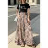 image:imagechouyatou Women Summer Ruffle Hem Gingham Pants Boho Spring Casual Plaid Wide Leg Cotton Linen Pants PalazzoBrown