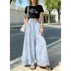 image:imagechouyatou Women Summer Ruffle Hem Gingham Pants Boho Spring Casual Plaid Wide Leg Cotton Linen Pants PalazzoLight Blue