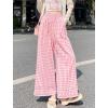 image:imagechouyatou Women Summer Ruffle Hem Gingham Pants Boho Spring Casual Plaid Wide Leg Cotton Linen Pants PalazzoPink