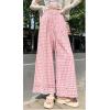 image:imagechouyatou Women Summer Ruffle Hem Gingham Pants Boho Spring Casual Plaid Wide Leg Cotton Linen Pants PalazzoPink