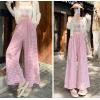 image:imagechouyatou Women Summer Ruffle Hem Gingham Pants Boho Spring Casual Plaid Wide Leg Cotton Linen Pants PalazzoPink