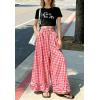 image:imagechouyatou Women Summer Ruffle Hem Gingham Pants Boho Spring Casual Plaid Wide Leg Cotton Linen Pants PalazzoRed