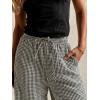 image:imagechouyatou Womens Retro Plaid Gingham Wide Leg Pants Drawstring Elastic Waist Palazzo Pants Trousers with PocketsBlack