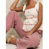 image:imagechouyatou Womens Retro Plaid Gingham Wide Leg Pants Drawstring Elastic Waist Palazzo Pants Trousers with PocketsRed