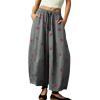 image:imagechouyatou Women Boho Floral Cotton Linen Wide Leg Pants Casual Flowy Spring Summer Palazzo Barrel PantsGrey