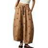 image:imagechouyatou Women Boho Floral Cotton Linen Wide Leg Pants Casual Flowy Spring Summer Palazzo Barrel PantsKhaki