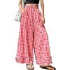 image:imagechouyatou Women Summer Ruffle Hem Gingham Pants Boho Spring Casual Plaid Wide Leg Cotton Linen Pants PalazzoRed