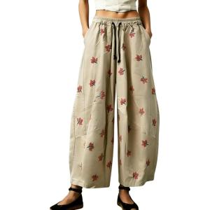 image:imagechouyatou Women Boho Floral Cotton Linen Wide Leg Pants Casual Flowy Spring Summer Palazzo Barrel PantsBeige