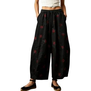 image:imagechouyatou Women Boho Floral Cotton Linen Wide Leg Pants Casual Flowy Spring Summer Palazzo Barrel PantsBlack