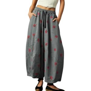 image:imagechouyatou Women Boho Floral Cotton Linen Wide Leg Pants Casual Flowy Spring Summer Palazzo Barrel PantsGrey