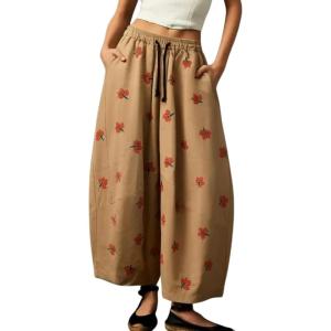 image:imagechouyatou Women Boho Floral Cotton Linen Wide Leg Pants Casual Flowy Spring Summer Palazzo Barrel PantsKhaki