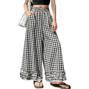 image:imagechouyatou Women Summer Ruffle Hem Gingham Pants Boho Spring Casual Plaid Wide Leg Cotton Linen Pants PalazzoBlack