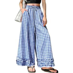 image:imagechouyatou Women Summer Ruffle Hem Gingham Pants Boho Spring Casual Plaid Wide Leg Cotton Linen Pants PalazzoBlue