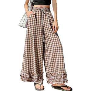 image:imagechouyatou Women Summer Ruffle Hem Gingham Pants Boho Spring Casual Plaid Wide Leg Cotton Linen Pants PalazzoBrown