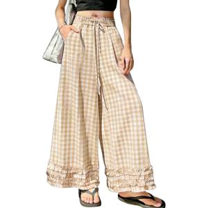 image:imagechouyatou Women Summer Ruffle Hem Gingham Pants Boho Spring Casual Plaid Wide Leg Cotton Linen Pants PalazzoKhaki