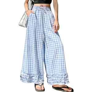 image:imagechouyatou Women Summer Ruffle Hem Gingham Pants Boho Spring Casual Plaid Wide Leg Cotton Linen Pants PalazzoLight Blue