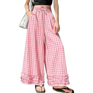 image:imagechouyatou Women Summer Ruffle Hem Gingham Pants Boho Spring Casual Plaid Wide Leg Cotton Linen Pants PalazzoPink